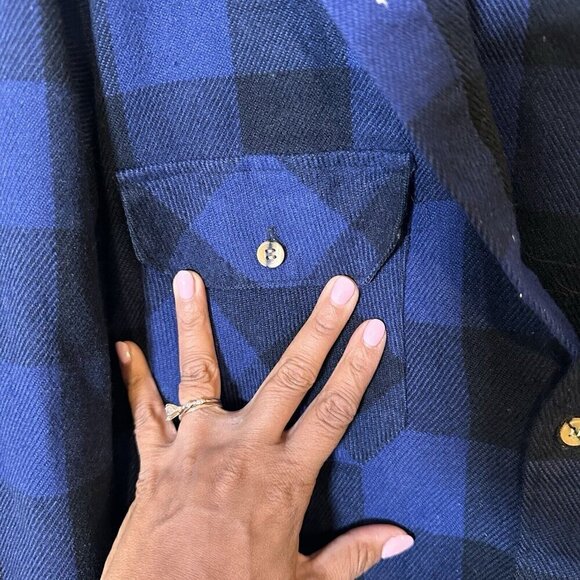 Vintage 80s Woodland Wool Blend Men’s Large Plaid Flannel Shirt Blue Button Up - Picture 3 of 6